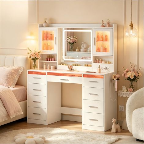 Toeletta con specchio, LED, 9 cassetti e prese, bianco, 110x40x140 cm