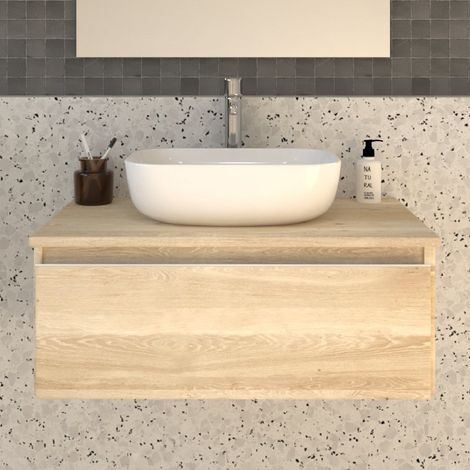 Meuble de salle de bain 1 tiroir avec vasque à poser arrondie sans miroir - bambou (chêne clair) - PENA - 80cm (1/5)