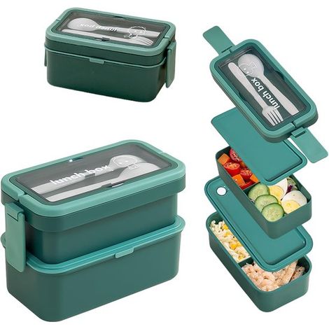 Portapranzo con 2 scomparti per adulti e bambini, capacità 950 + 550 ml, bento box impilabile con forchetta e cucchiaio, manico estensibile. (1/5)
