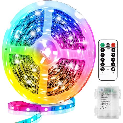 Ruban Led 4M,Bande Led RGB avec 8 Modes,Led Ruban Lumineuse Flexible avec Minuteur Télécommande,Alimenté par Batterie,pour Decoration Chambre,Gaming Room,Cuisine,Bureau (1/5)
