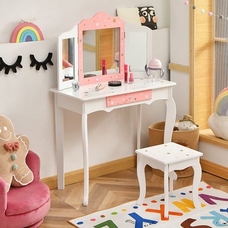 Kids Vanity Table Set With Stool, Tri-Fold Mirror, Drawer (1/5)