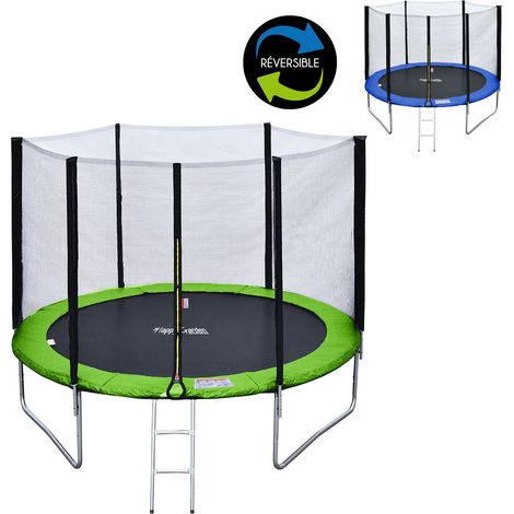 Pack Premium cama elástica de 305cm reversible azul/verde ADELAÏDE + red de seguridad + escalera + funda + kit de anclaje