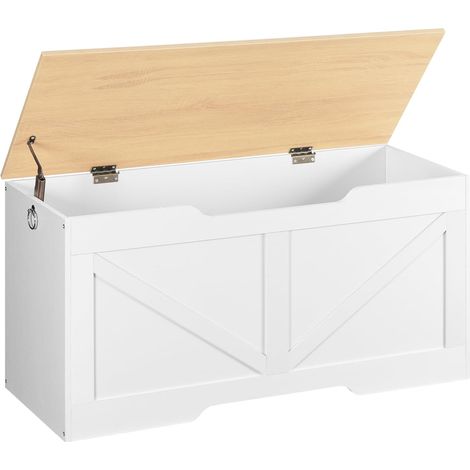 Boîte Rangement, Coffre Rangement Jouets Vintage avec Ouverture Forme de U, Banc Rangement, Charnière Sécurité, Coffre à Jouets Bois Robuste, Facile Assembler, Blanc, Couleur Bois (1/5)