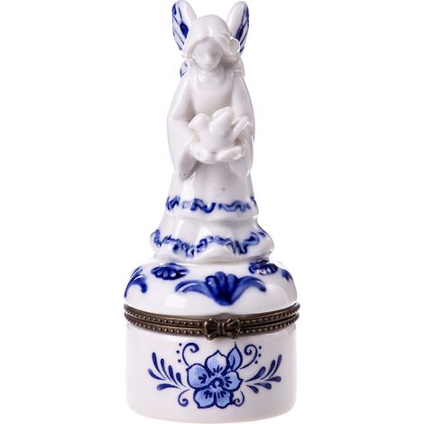 Scatola in porcellana con angelo, bianca e blu, stile retrò