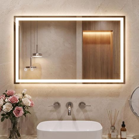 Miroir de Salle de Bain avec éclairage 100 x 60 cm, Miroir LED avec 3 Couleurs de lumière à intensité Variable, Verre trempé, Protection Contre Les Explosions, Interrupteur Tactile, Fonction (1/5)