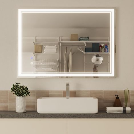 Miroir de Salle de Bain avec Éclairage, Miroir Mural LED avec Interrupteur Tactile et Antibuée, Loupe 5X Detachable avec Luminosité Ajustable, Style Moderne pour Salle de Bain, 80 x 60 cm (1/5)