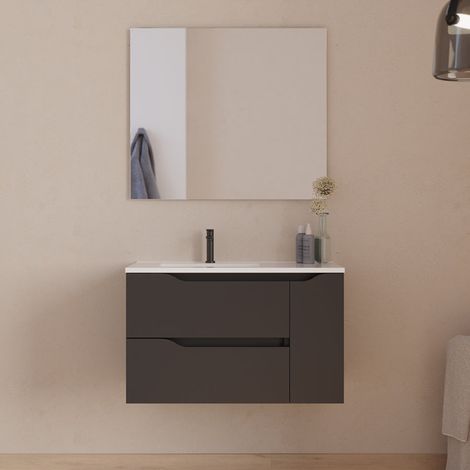 Meuble de salle de bain 80cm avec vasque déportée à gauche et miroir - 2 tiroirs et un placard - noir - ZARZA (1/5)