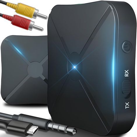 Adaptateur émetteur-récepteur Bluetooth audio 2w1 avec câbles auxiliaire 3,5 mm et RCA, sans fil et portable pour voiture, TV, chaîne stéréo Hi-Fi, enceintes et casque audio, faible latence. (1/5)