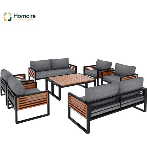 HOMAIRE Set de salon de jardin avec cadre en fer galvanisé, 8 pièces incluant canapé 2x2 places, 4 chaises individuelles et 2 tables, couleurs grises et accoudoirs décoratifs en bois