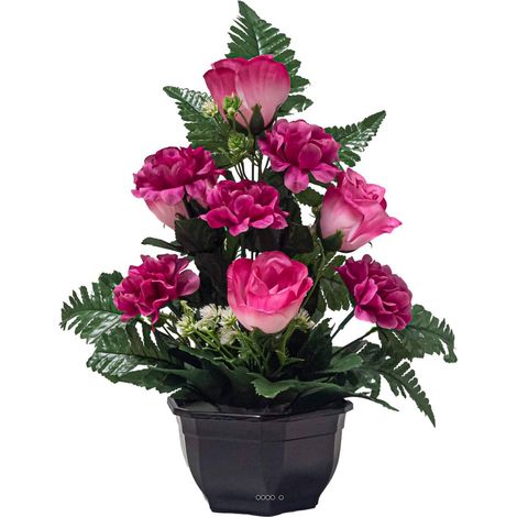 Vasque de Boutons de Roses fleurs artificielles pour le cimetière H 40 cm Lg 28 cm Fushia - couleur: Rose fushia 730