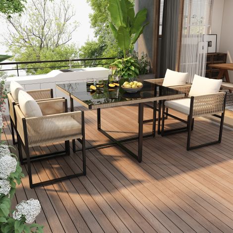 5-Piece Garden Dining Set with Table and 4 Stackable Chairs, Durable Rope and Iron Construction, 5mm Thick Glass Top