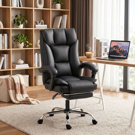 Fauteuil de bureau inclinable à 155° avec repose-pieds, double rembourrage et revêtement en similicuir, noir (1/5)