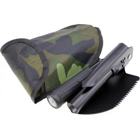 Pelle pliante camping avec boussole, camouflage, sac, multitool scie et ouvre-boîte, acier inoxydable (1/5)