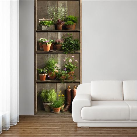 Papier peint intissé 250 cm x 96 cm – Décor rustique avec étagère et plantes – Installation facile – Fabrication 100% française – Plage (1/2)