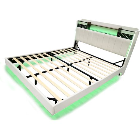 Lit double rembourre avec rangement tete de lit LED et port USB Beige 140 x 200 - CHICFURN (1/5)
