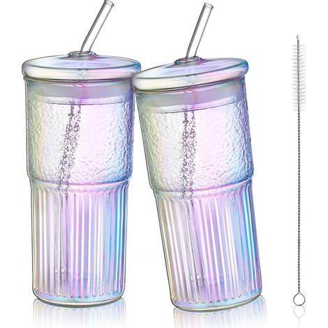 Glass with Lid and Straw Colourful Smoothies Milkshakes Fruit Juice Tea Iridescent Ribbed Large Drinking Cups Bubble Tumbler Dishwasher Safe (1/5)
