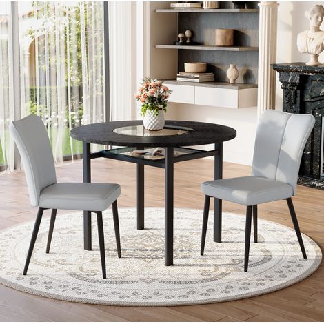 REDOM - Set da pranzo rotondo da 100 cm con 2 sedie, in metallo, similpelle grigio chiaro, ripiano in vetro, MDF, vetro nero (1/5)