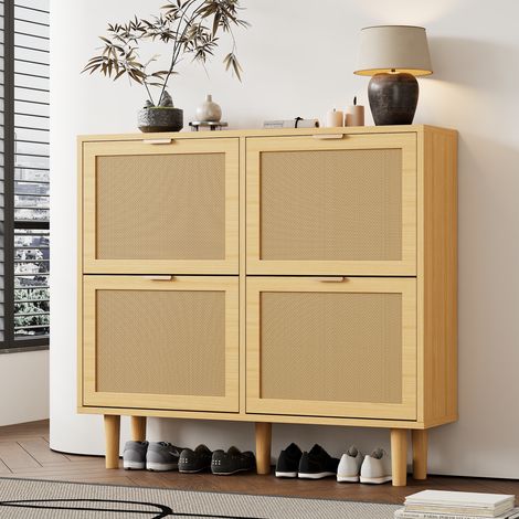 Scarpiera in truciolare rovere chiaro con rattan, 4 ante a ribalta, ripiani regolabili, 100 x 25 x 90 cm