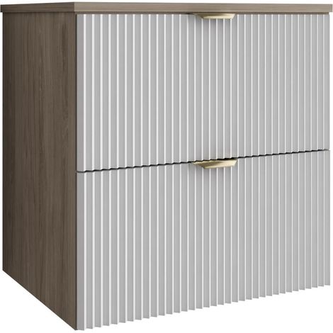 Mobile da bagno con frontale scanalato 60 cm con 2 cassetti, noce scuro (MDF), con frontali bianchi, con maniglia dorata, 60 x 47 x 60 cm (1/5)