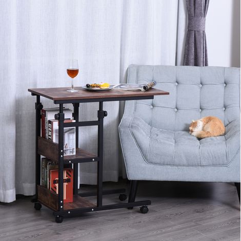Mesa auxiliar con ruedas (80x40x72 a 82 cm), regulable en altura, 3 estantes, metal, marrón (1/5)