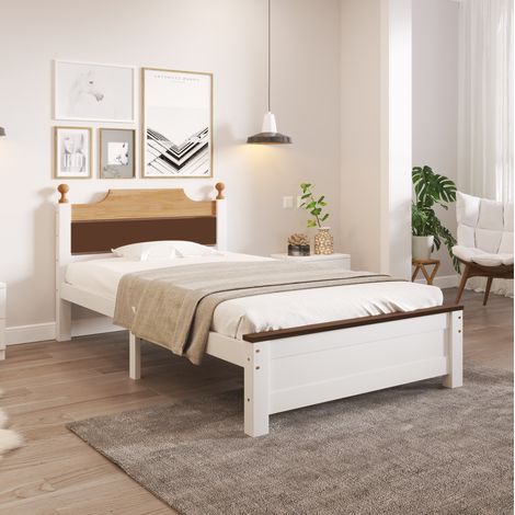 Einzelbett, Holzbett, Kiefernholzrahmen mit Mittelfuß, Jugendbett, Erwachsenenbett, mit Kopf- und Fußteil aus MDF, Colour-Blocking, Weiß, 90x200 cm (1/5)