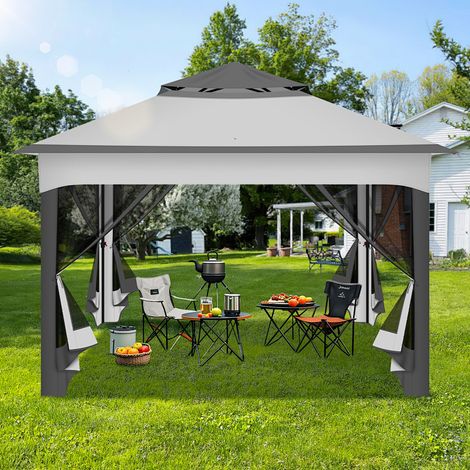 Wolketon Gazebo da giardino pieghevole per esterni 3,3 × 3,3 m con zanzariera removibile e protezione UV – Grigio (1/5)