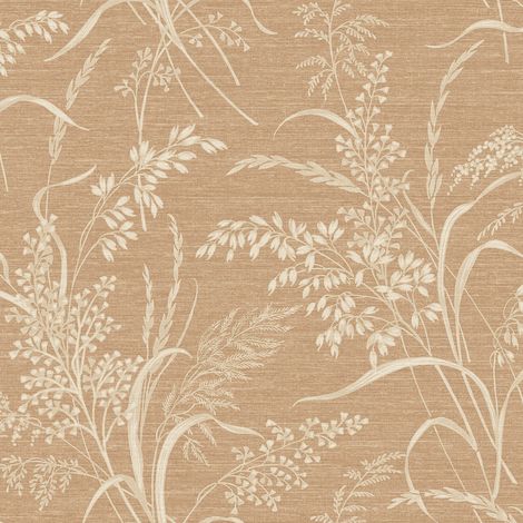 Neutral Botanical Vinyl Wallpaper Beige Tan Linen Effect Cream Meadow Grasses (1/4)