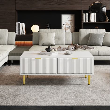 Mesa de centro 100x50x40 cm blanca y dorada en MDF con 2 cajones y diseño acanalado (1/5)