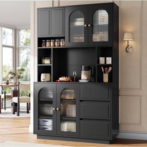 Credenza da cucina alta 175 cm con illuminazione a LED controllabile tramite app, vani portaoggetti, ante in acrilico, MDF nero (1/5)