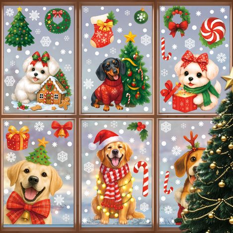 Autocollants chiots de Noël pour décorer les vitres, décorations d'ambiance de Noël, couronnes de fenêtre, boîtes cadeaux, autocollants statiques