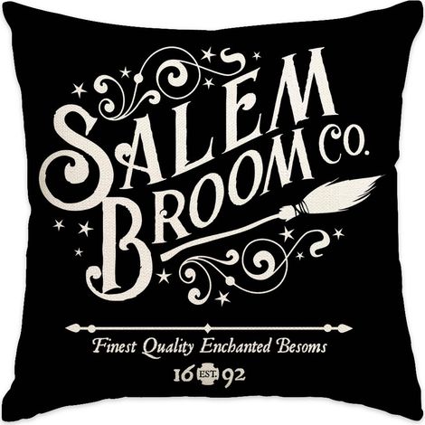 Lot de 2 housses de coussin décoratives d'Halloween, imprimé balai de sorcière, taies d'oreiller noires style lin, décoration gothique effrayante pour canapé et intérieur (1/5)