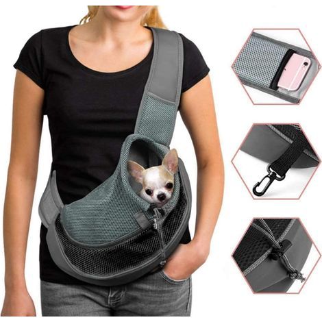 Sac de Transport Chien Sac à Bandoulière pour Chat Chiot Réglable Sac de Voyage pour Petits Animaux Sac à Main Chien avec Pochette en Filet Respirant Sacoche Chien Portable pour Marché Extérieur (1/5)