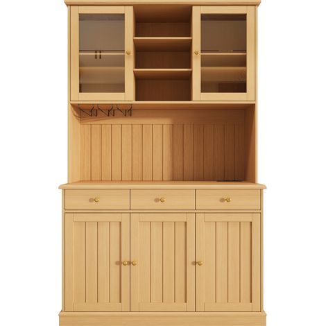 Credenza alta 120x40x191 cm in truciolare, ante in vetro, portabicchieri, prese e USB, naturale (1/5)