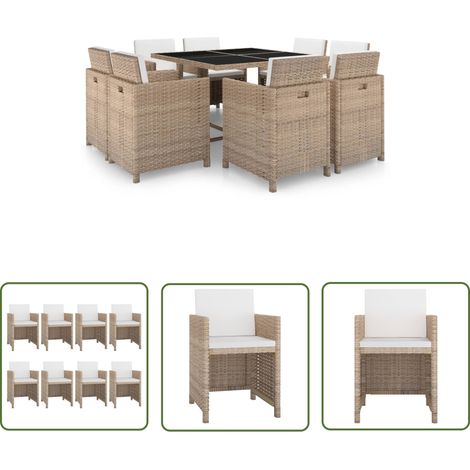 The Living Store 9-tlg. Garten-Essgruppe mit Auflagen Poly Rattan Beige - Gartenmöbelset - Esszimmergarnitur - Rattan Gartenmöbel - Outdoor Essbereich - Terrassenmöbeln (1/5)
