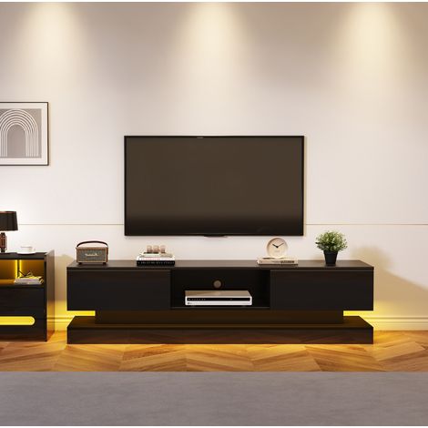 Meuble TV 160 cm noir avec LED, 2 tiroirs et rangement, DESVIAE (1/5)