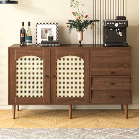 Buffet avec portes en rotin et 2 tiroirs 130cm, étagères réglables, Buffet de rangement rustique pour entrée cuisine salle à manger salon - Naturel (1/5)