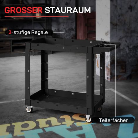 Chariot de rangement à outils, 2 étagères, poignée ergonomique, roulettes pivotantes, plastique robuste noir