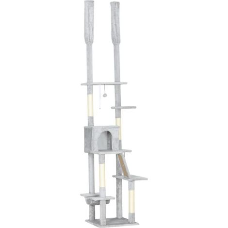 Arbre à chat 48x48x225-255 cm – niche, hamac, rampe et poteaux sisal – gris clair (1/5)