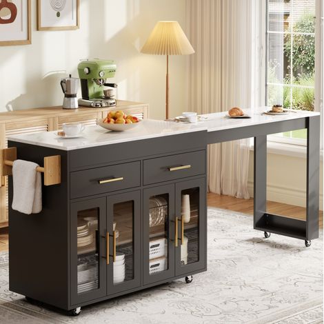 Isla de cocina 132.5-217x50x93 cm negra en MDF con mesa extensible, ruedas, cajones y puertas de vidrio (1/5)