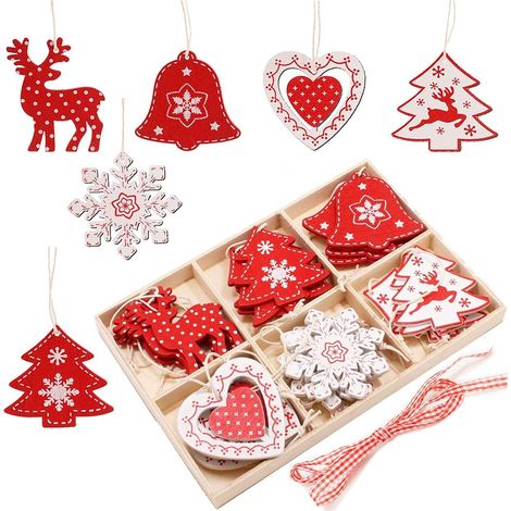 Ornement De Noël En Bois - Lot De 24 Pièces 5,1 Cm - Formes Variées - Boîte De Rangement En Bois Incluse