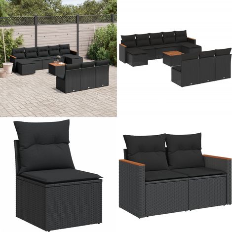 11-tlg. Garten-Sofagarnitur mit Kissen Schwarz Poly Rattan - Gartenmöbel Set - Outdoor Lounge - Rattan Gartenset - Esstisch Set - Balkonmöbel - Home & Living (1/5)