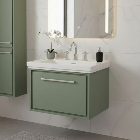 Hudson Reed Lille Wall Hung 1-Drawer Vanity Unit with 3TH Classique Basin 600mm Wide - Fern Green (1/5)