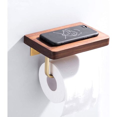 Porte papier toilette bois, support papier toilette mural de téléphone portable avec étagère, surface en laiton poli de style moderne porte serviettes en papier accessoires de salle de bain en rouleau (1/3)