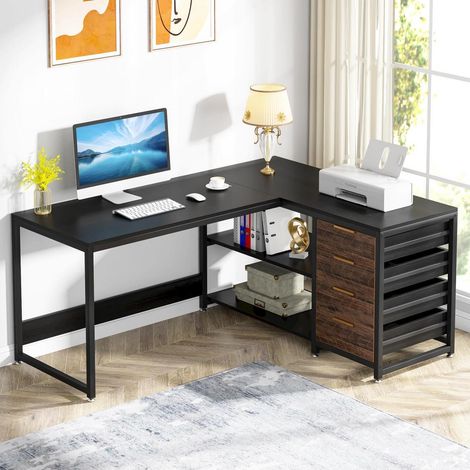 Bureau d'angle L réversible 4 tiroirs 2 étagères noir industriel (1/5)