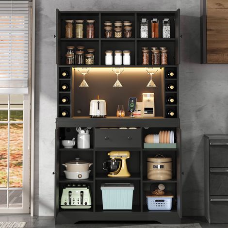 Armoire de Cuisine Haute Buffet Meuble Bar avec Éclairage LED App, Prises Intégrées, Porte-Verres et Range-Bouteilles, 105x40x180 cm (1/5)