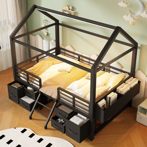 Lit mezzanine 90 x 200 cm avec toit cabane, LED et tiroirs en tissu, lit enfant en métal noir avec rangements intégrés et garde-corps (1/5)