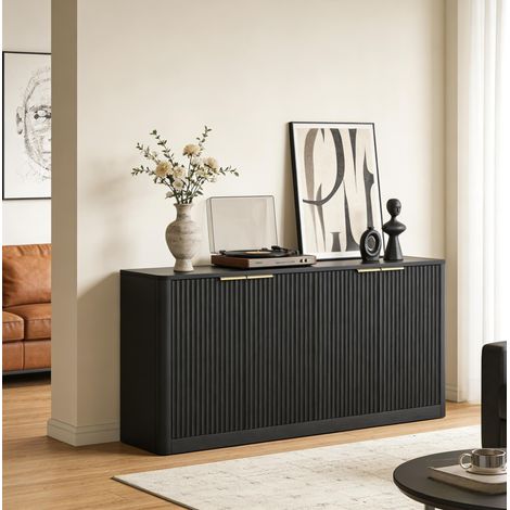Buffet moderne 150x40x70,5 cm en MDF noir, avec rangement pour salon FloraGrace (1/5)