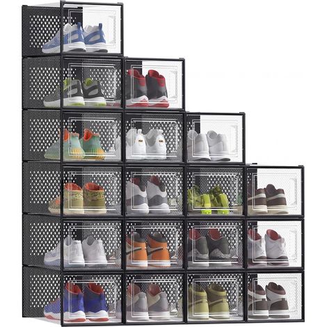 Boîtes à Chaussures, Rangement Chaussures en Plastique, Pliables et Empilables, pour Pointure Jusqu’à 47, Lot de 18, Transparent et Noir d'Encre (1/5)