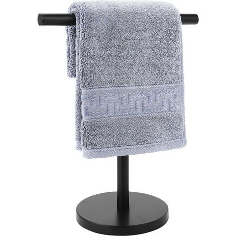 Porte-serviettes de bain en forme de T, en acier inoxydable, autoportant avec base lestée, pour salle de bain, cuisine et plan de travail, noir mat (1/5)