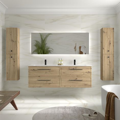 Mueble de Baño RUNA 160cm Roble 4 cajones Lavabo Vilna 2 pozas Solid Surface (1/5)